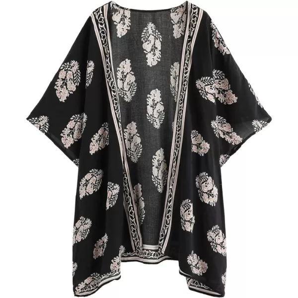 SweatyRocks Women Kimono Vintage Floral Beach Long Cover Up