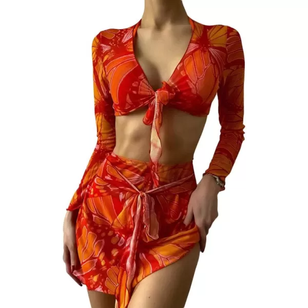 SweatyRocks Women's 2 Piece Bikini Cover Up Mesh Long Sleeve Crop Top and Skirt Set