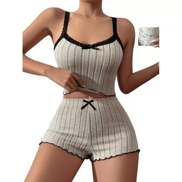 SweatyRocks Women's 2 Piece Lace Ribbed Knit Cami Top and Lettuce Trim Shorts Pajama Set Sleepwear Lounge Sets