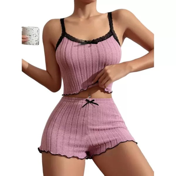 SweatyRocks Women's 2 Piece Lace Ribbed Knit Cami Top and Lettuce Trim Shorts Pajama Set Sleepwear Lounge Sets