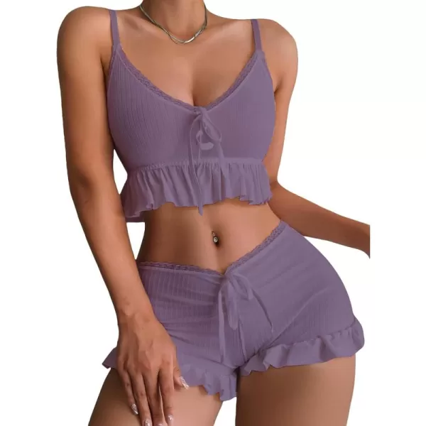 SweatyRocks Women's 2 Piece Lingerie Set Pajama Sets Ruffle Trim Tie Front Cami Top and Shorts Sleepwear