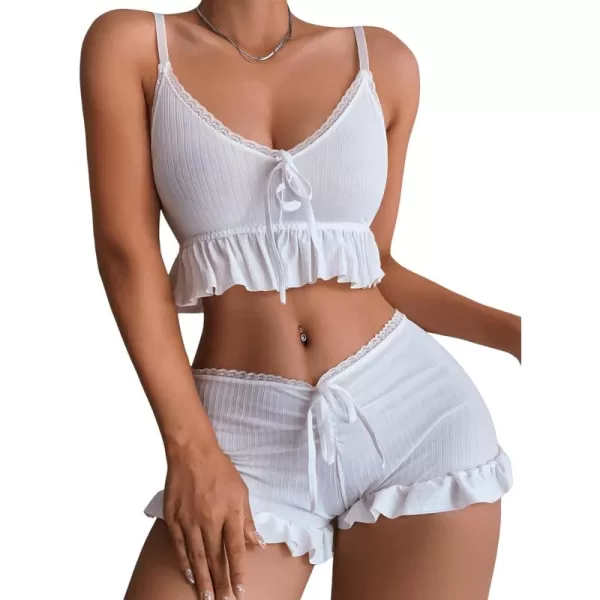 SweatyRocks Women's 2 Piece Lingerie Set Pajama Sets Ruffle Trim Tie Front Cami Top and Shorts Sleepwear
