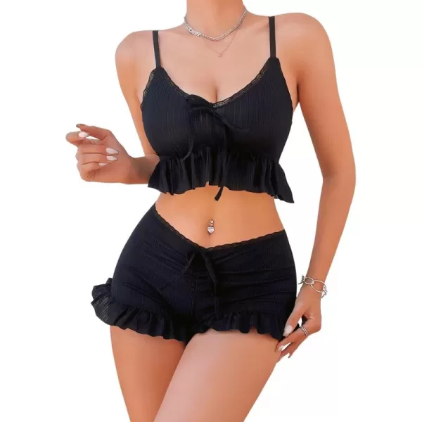 SweatyRocks Women's 2 Piece Lingerie Set Pajama Sets Ruffle Trim Tie Front Cami Top and Shorts Sleepwear