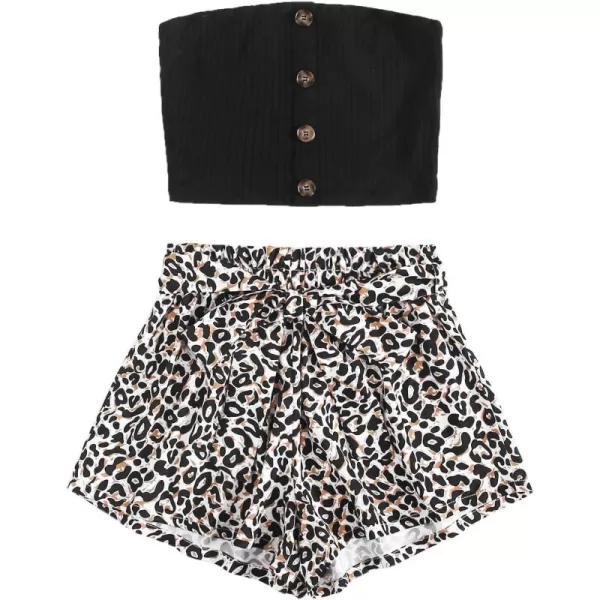 SweatyRocks Women's 2 Piece Outfit Casual Button Front Bandeau Crop Top and Belted Shorts Set