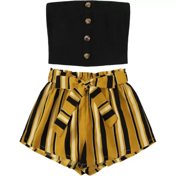 SweatyRocks Women's 2 Piece Outfit Casual Button Front Bandeau Crop Top and Belted Shorts Set