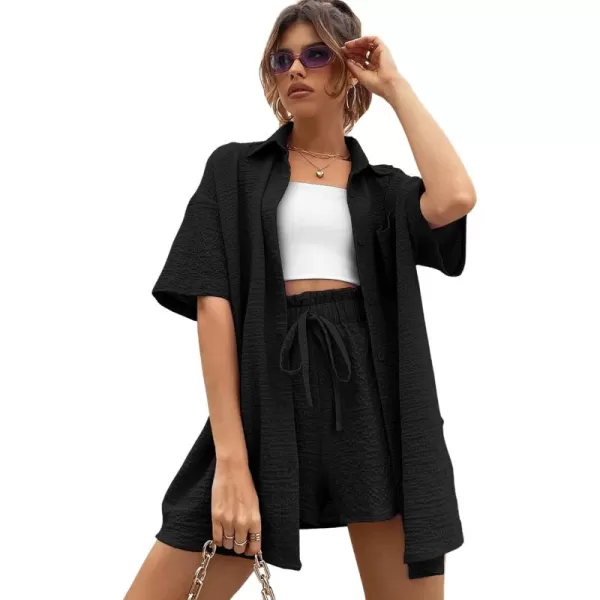 SweatyRocks Women's 2 Piece Outfits Button Front Half Shoulder Blouse and Paperbag Waist Shorts Set without Cami
