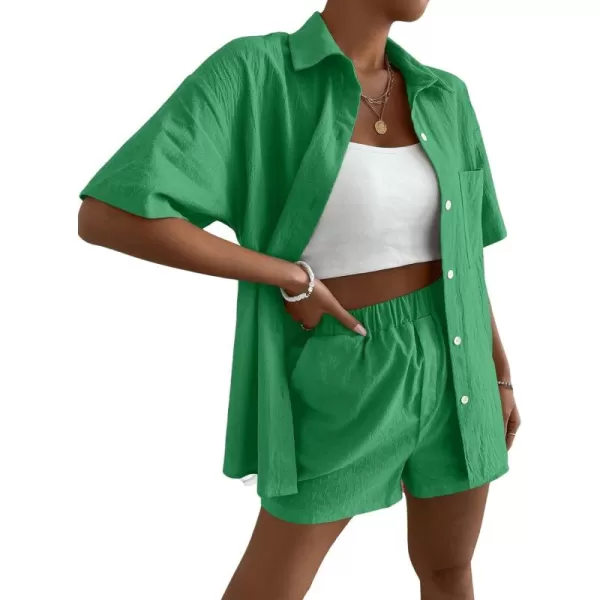 SweatyRocks Women's 2 Piece Outfits Half Sleeve Drop Shoulder Button Front Blouse and Straight Leg Shorts Set
