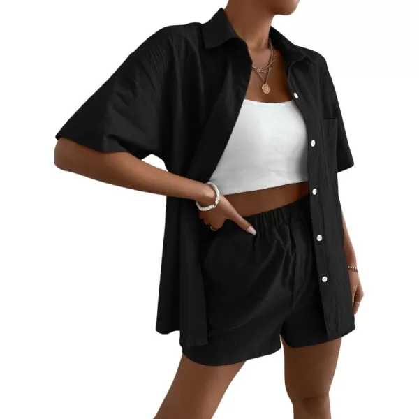 SweatyRocks Women's 2 Piece Outfits Half Sleeve Drop Shoulder Button Front Blouse and Straight Leg Shorts Set
