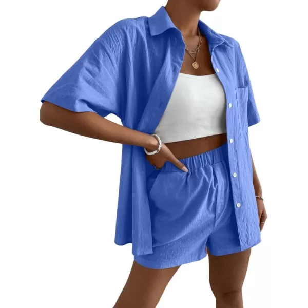 SweatyRocks Women's 2 Piece Outfits Half Sleeve Drop Shoulder Button Front Blouse and Straight Leg Shorts Set