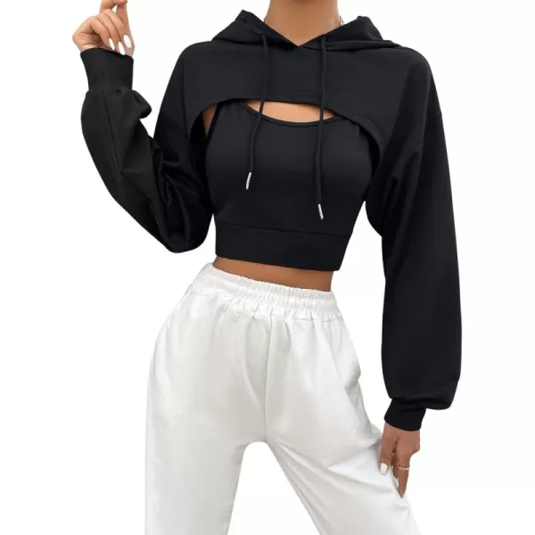 SweatyRocks Women's 2 Piece Outfits Long Sleeve Pullover Crop Top Sweatshirts Hoodie And Cami Tank Top Set