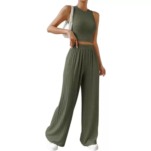 SweatyRocks Women's 2 Piece Outfits Ribbed Knit Sleeveless Round Neck Crop Tank Top and Wide Leg Pants