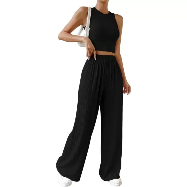 SweatyRocks Women's 2 Piece Outfits Ribbed Knit Sleeveless Round Neck Crop Tank Top and Wide Leg Pants