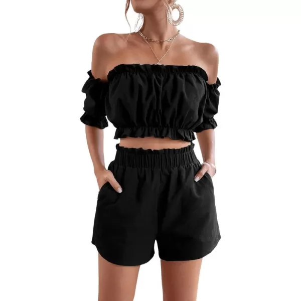 SweatyRocks Women's 2 Piece Outfits Romper Off Shoulder Short Sleeve Top Wide Leg Frill Trim Shorts with Pockets