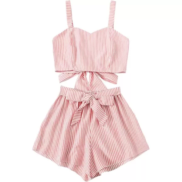 SweatyRocks Women's 2 Piece Outfits Summer Sleeveless Tie Back Crop Cami Top and Shorts Set