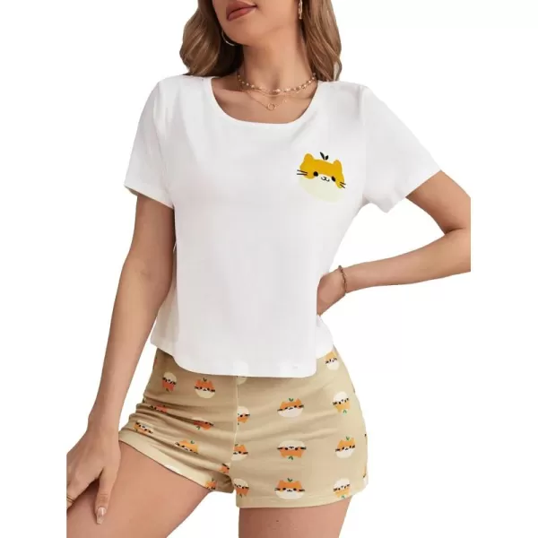 SweatyRocks Women's 2 Piece Pajama Set Graphic Short Sleeve Tee Shirt and Cute Plaid Shorts