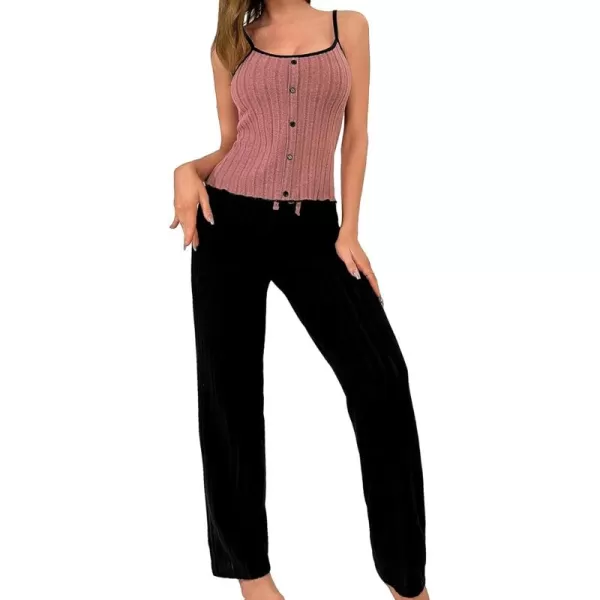 SweatyRocks Women's 2 Piece Pajama Set Lace Cami Top and Flare Pants PJ Set Loungewear