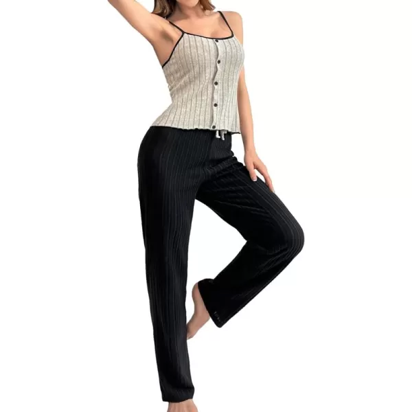 SweatyRocks Women's 2 Piece Pajama Set Lace Cami Top and Flare Pants PJ Set Loungewear