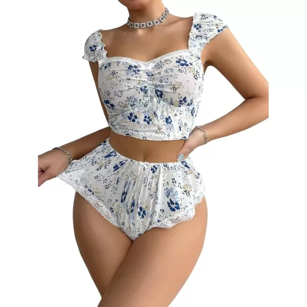 SweatyRocks Women's 2 Piece Pajama Set Lace Trim Floral Print Ruched Cami Top and Shorts Sleepwear