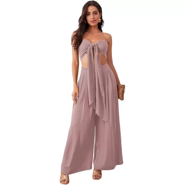 SweatyRocks Women's 2 Piece Sexy Outfits Sleeveless Tie Front Crop Top Wide Leg Pants Set