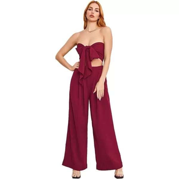 SweatyRocks Women's 2 Piece Sexy Outfits Sleeveless Tie Front Crop Top Wide Leg Pants Set