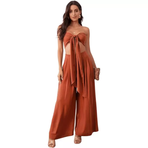 SweatyRocks Women's 2 Piece Sexy Outfits Sleeveless Tie Front Crop Top Wide Leg Pants Set