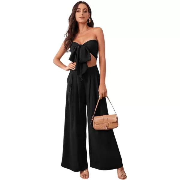 SweatyRocks Women's 2 Piece Sexy Outfits Sleeveless Tie Front Crop Top Wide Leg Pants Set