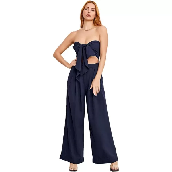 SweatyRocks Women's 2 Piece Sexy Outfits Sleeveless Tie Front Crop Top Wide Leg Pants Set