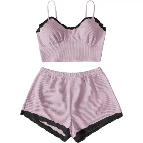SweatyRocks Women's 2 Piece Sleepwear Lace Trim Ribbed Crop Cami Top and Shorts Pajama Set