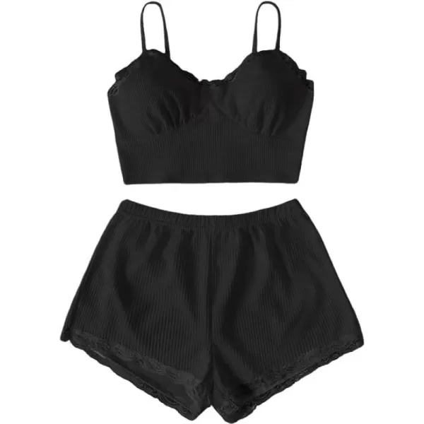 SweatyRocks Women's 2 Piece Sleepwear Lace Trim Ribbed Crop Cami Top and Shorts Pajama Set