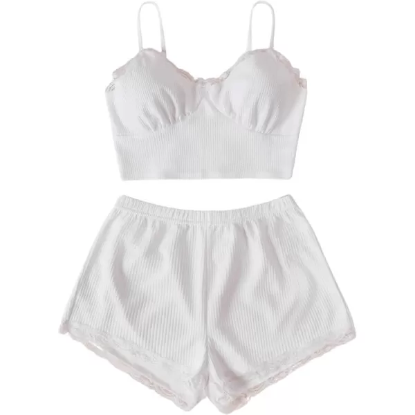 SweatyRocks Women's 2 Piece Sleepwear Lace Trim Ribbed Crop Cami Top and Shorts Pajama Set