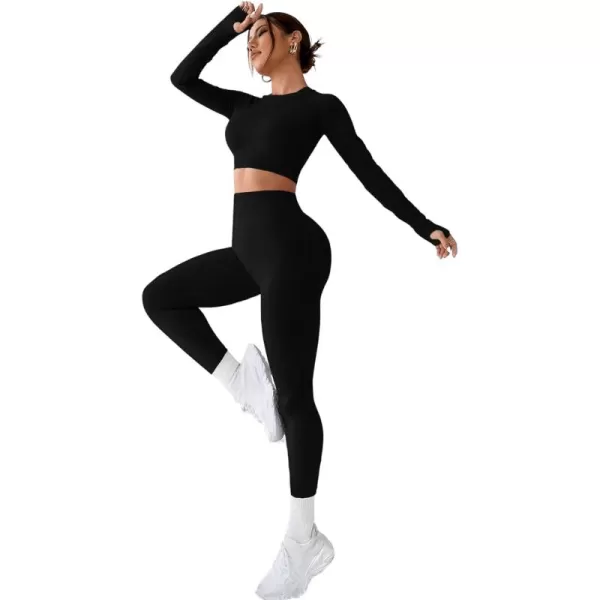 SweatyRocks Women's 2 Piece Sports Outfit Solid Cut Out Back Long Sleeve Crop Top and Leggings Set Activewear