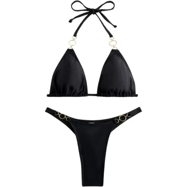 SweatyRocks Women's 2 Piece Triangle Bathing Suit Halter Top ​Tie Side Thong Bikini Swimsuits