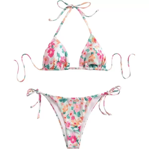 SweatyRocks Women's 2 Piece Triangle Bathing Suit Halter Top ​Tie Side Thong Bikini Swimsuits