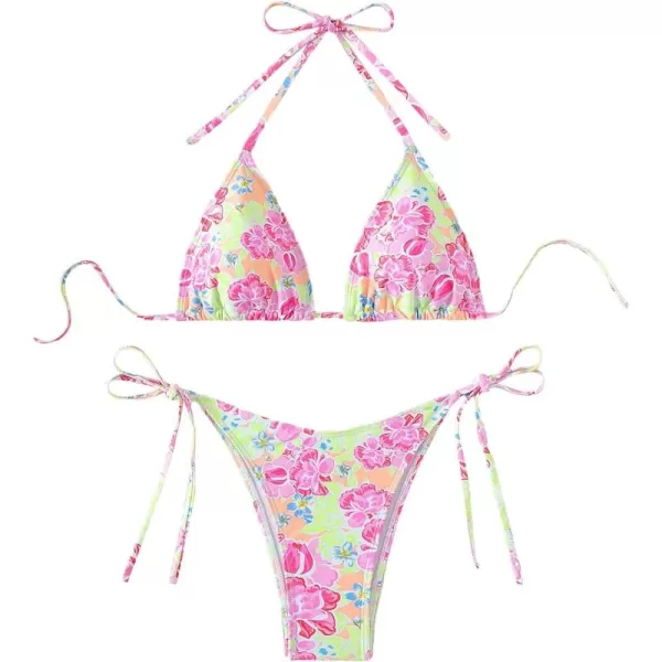 SweatyRocks Women's 2 Piece Triangle Bathing Suit Halter Top ​Tie Side Thong Bikini Swimsuits