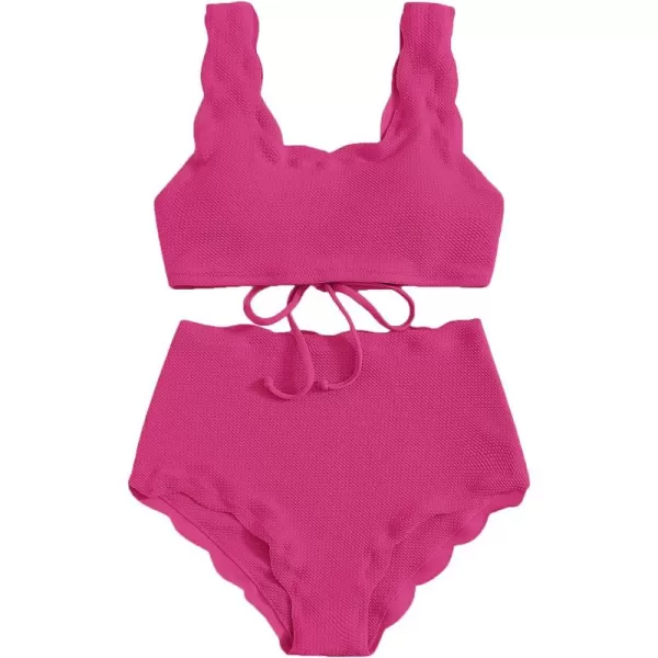 SweatyRocks Women's 2 Pieces Swimsuit High Waist Scalloped Trim Lace Up Bikini Set