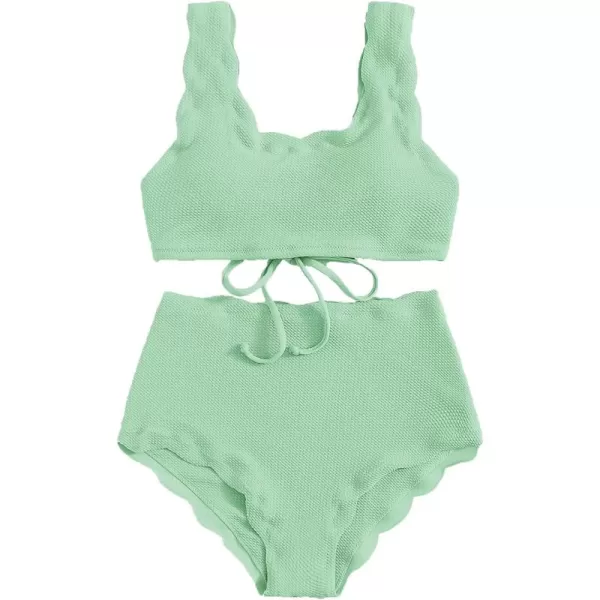 SweatyRocks Women's 2 Pieces Swimsuit High Waist Scalloped Trim Lace Up Bikini Set