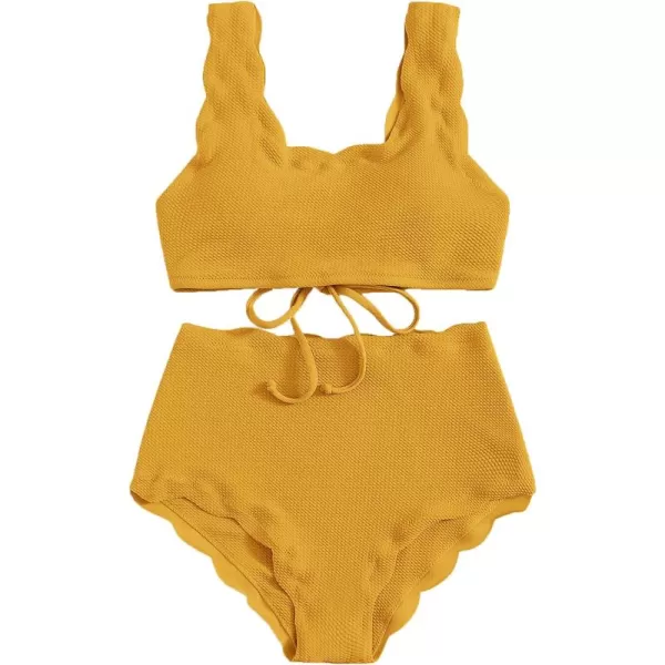 SweatyRocks Women's 2 Pieces Swimsuit High Waist Scalloped Trim Lace Up Bikini Set