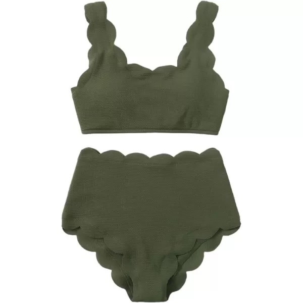SweatyRocks Women's 2 Pieces Swimsuit High Waist Scalloped Trim Lace Up Bikini Set