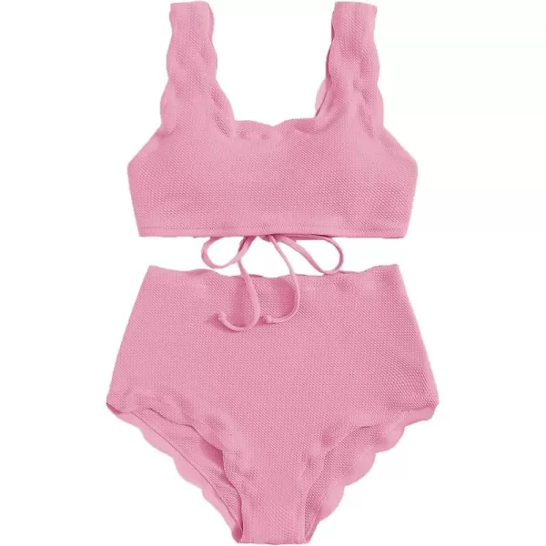 SweatyRocks Women's 2 Pieces Swimsuit High Waist Scalloped Trim Lace Up Bikini Set