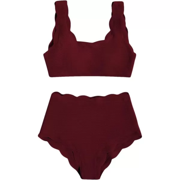 SweatyRocks Women's 2 Pieces Swimsuit High Waist Scalloped Trim Lace Up Bikini Set