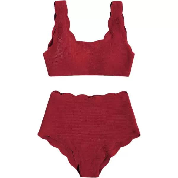 SweatyRocks Women's 2 Pieces Swimsuit High Waist Scalloped Trim Lace Up Bikini Set