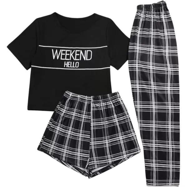 SweatyRocks Women's 3 Piece Plaid Pajama Letter Print Short Sleeve Tee and Shorts Pants Set