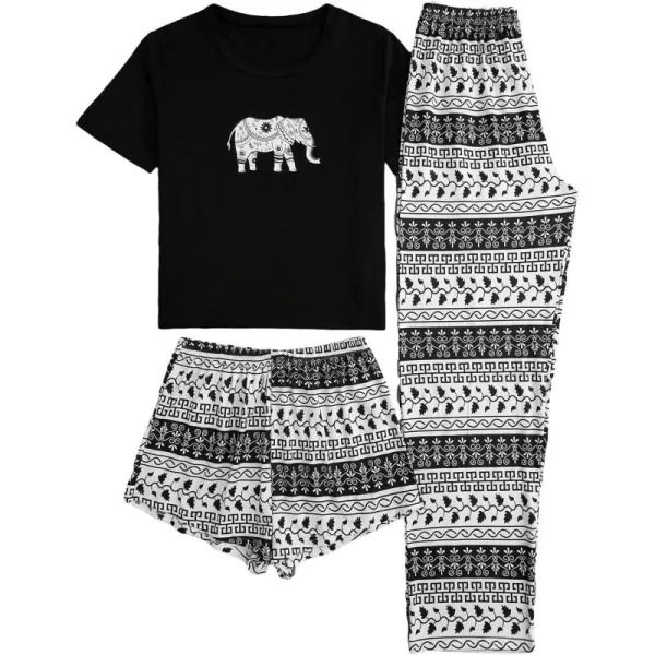 SweatyRocks Women's 3 Piece Plaid Pajama Letter Print Short Sleeve Tee and Shorts Pants Set
