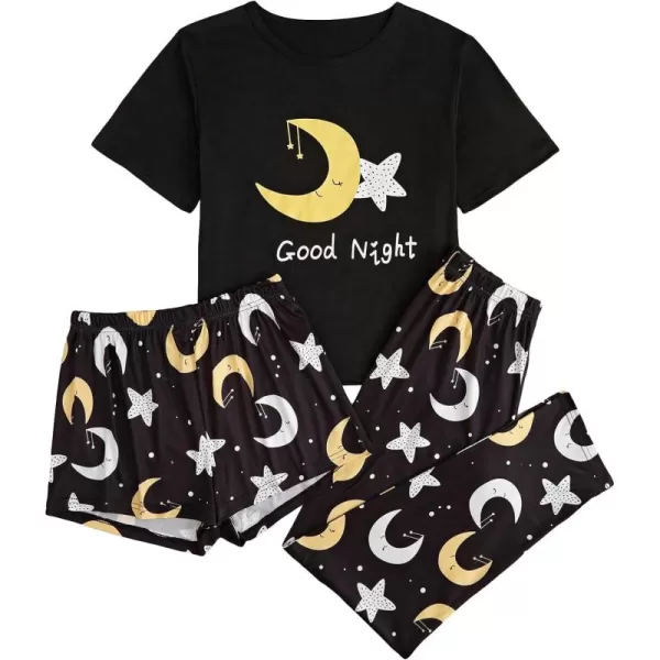 SweatyRocks Women's 3 Piece Plaid Pajama Letter Print Short Sleeve Tee and Shorts Pants Set