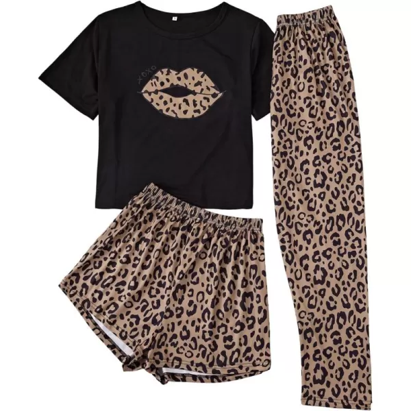 SweatyRocks Women's 3 Piece Plaid Pajama Letter Print Short Sleeve Tee and Shorts Pants Set