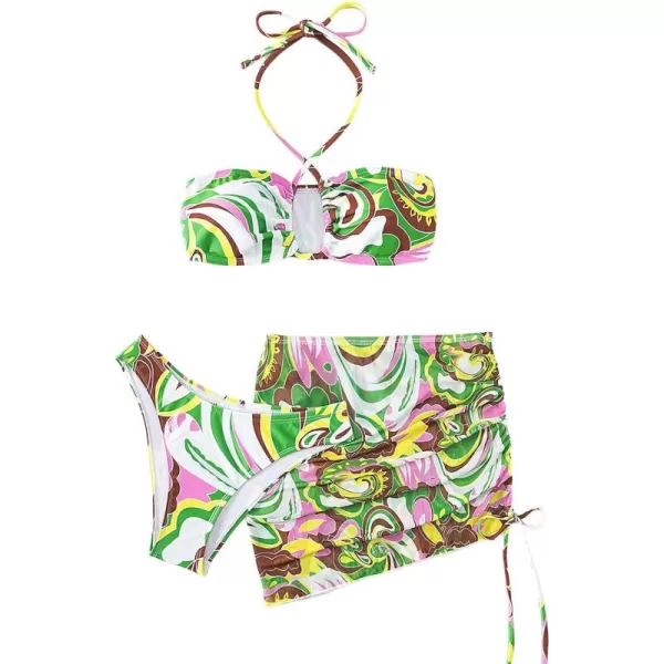 SweatyRocks Women's 3 Piece Swimsuit Halter Triangle Bra Bikini Set with Skirt