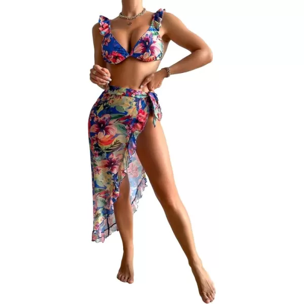 SweatyRocks Women's 3 Pieces Beach Swimsuit Tropical Ruffle Halter Bikini Swimsuit with Cover up Wrap Skirt