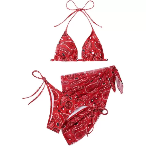 SweatyRocks Women's 3 Pieces Beach Swimsuit Tropical Ruffle Halter Bikini Swimsuit with Cover up Wrap Skirt