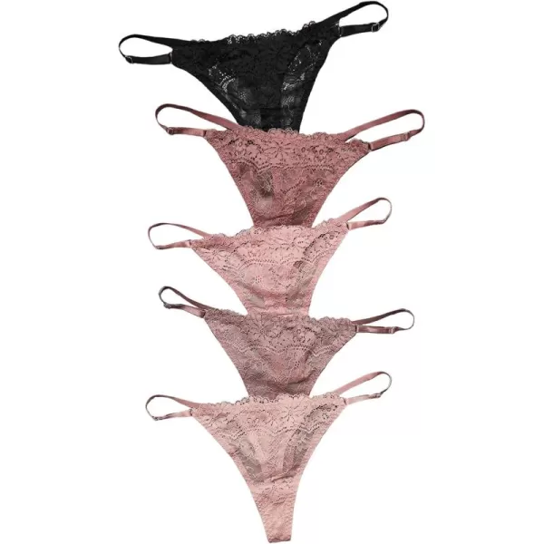 SweatyRocks Women's 5pack Floral Lace Adjustable Low Rise Comfy Underwear Thongs Panty Sets