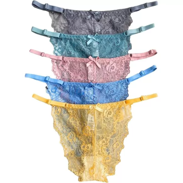 SweatyRocks Women's 5pack Floral Lace Adjustable Low Rise Comfy Underwear Thongs Panty Sets